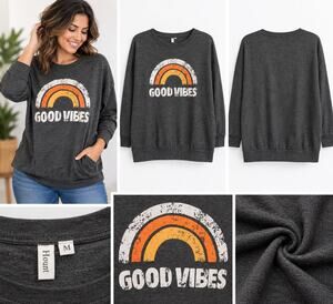 Hount Women’s Good Vibes Rainbow Graphic Sweatshirt – Size Medium